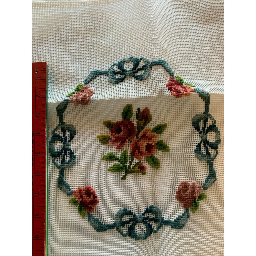 Vtg NOVA Needlepoint Partially Finished Portugal Wool Cottage Pink Roses Blue
